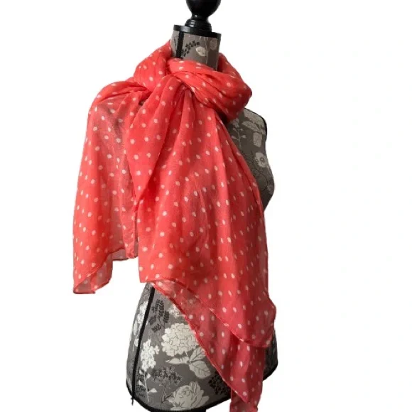 JCP Coral & White Polka Dot Viscose Wraparound Beach & Multi Purpose Wear Scarf - Picture 6 of 13